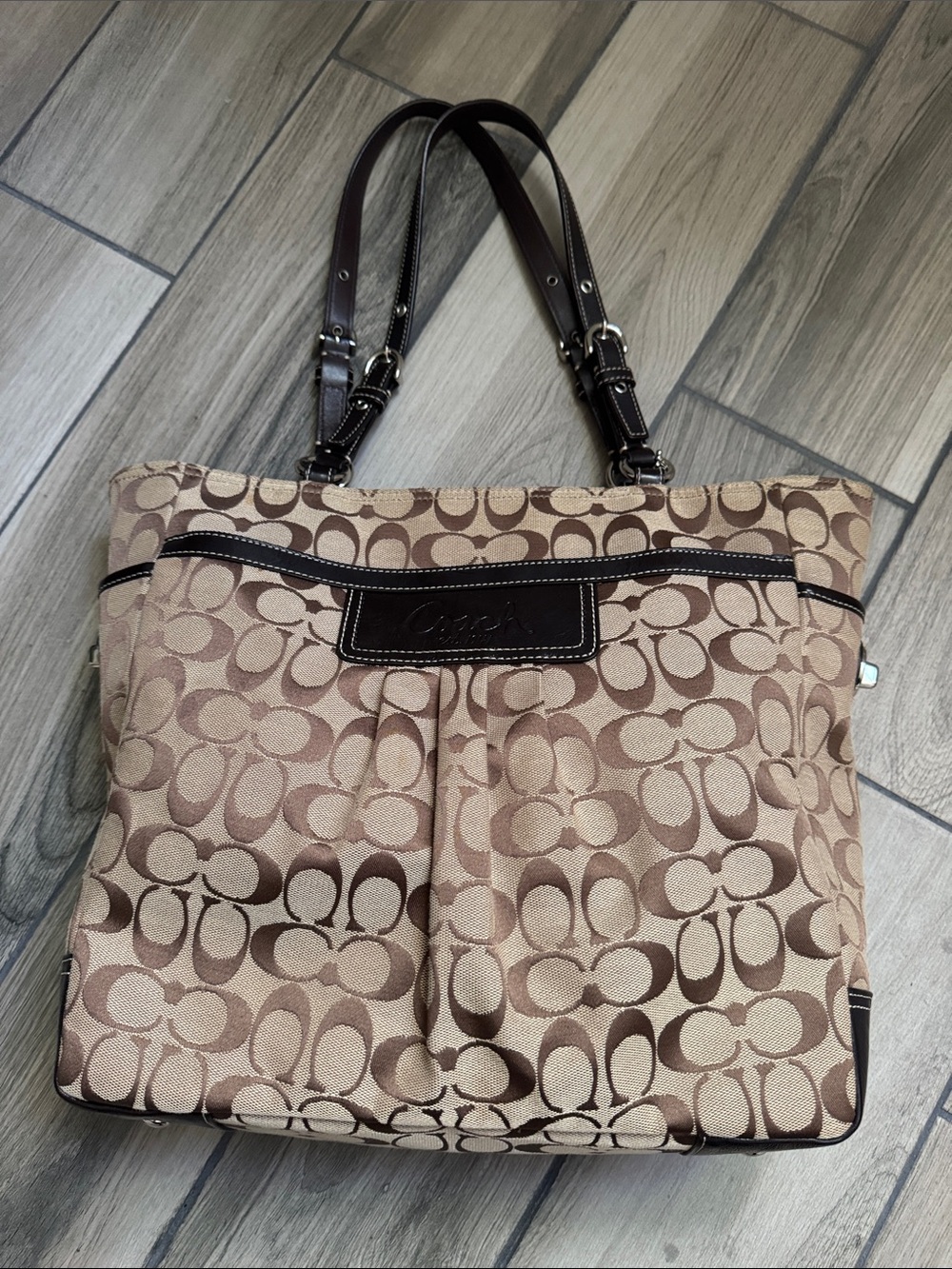 Coach Khaki and Brown Signature Jacquard Tote